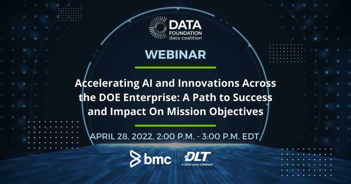 Text reads: Webinar -- Accelerating AI and Innovations Across the DOE Enterprise: A Path to Success and Impact on Mission Objectives