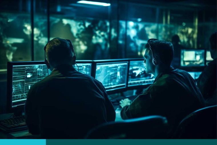 Two cybersecurity experts working in front of several monitors in a control roo,