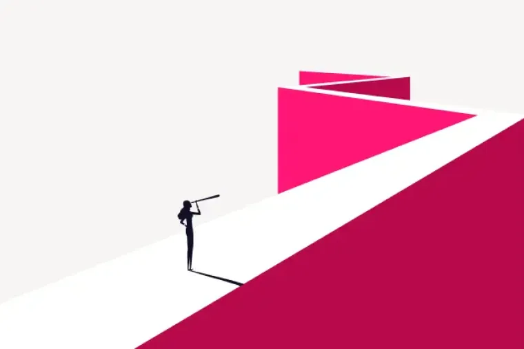 Abstract drawing of a woman with binoculars staring at long path