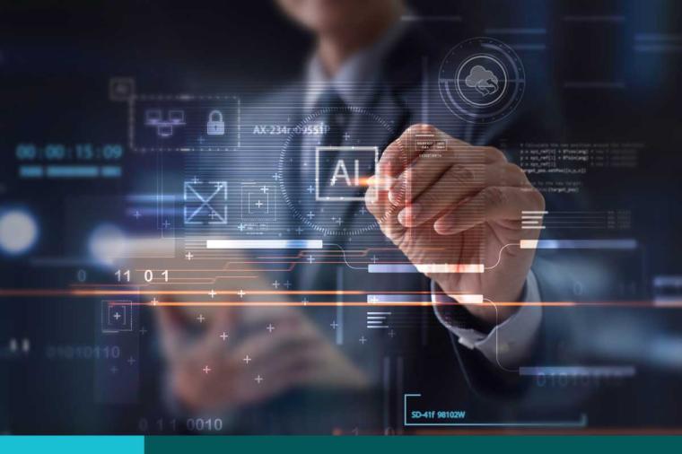 AI Artificial Intelligence, Data Science, Information technology concept. Businessman touching on AI machine learning on virtual screen with big data, computer code