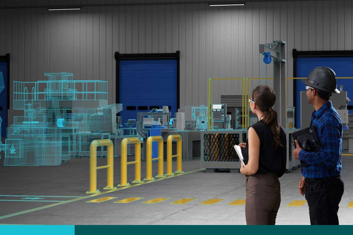 Woman and man in Factory Workshop with Augmented Reality 3D Models