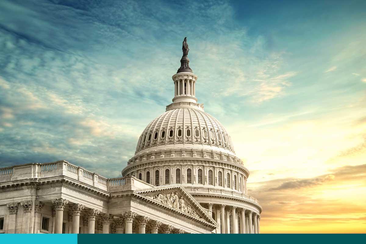 Close up View of the Capitol in Washington, DC, at Golden Hour before the Sunset on Partially Cloudy Day