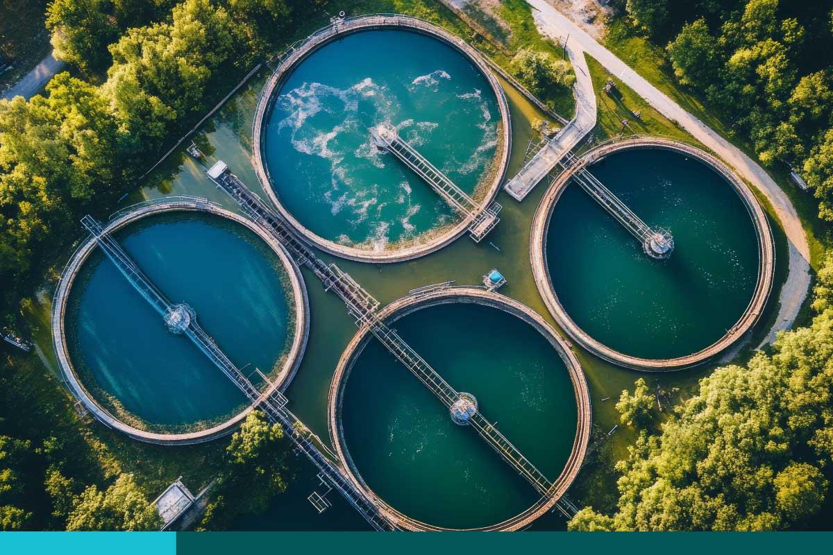 Bird's eye view of several sewage treatment tanks.