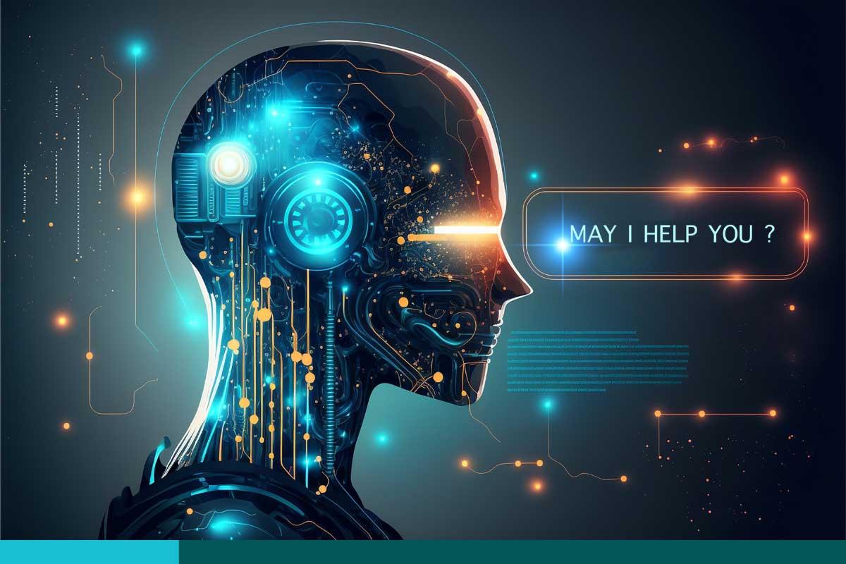 Cyborg face model. Futuristic technological brain. Computer processor and circuit board. Binary code. Artificial Intelligence. Neural networks. Text reads: May I Help You?