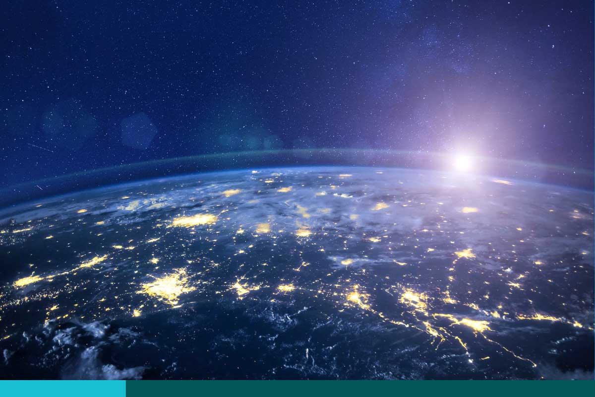 Night view of planet Earth from space, beautiful high tech background with sun and stars, closeup, original image furnished by NASA