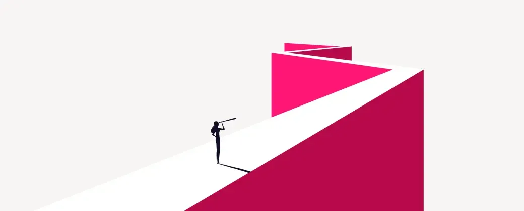 Abstract drawing of a woman with binoculars staring at long path