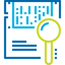 Icon for Big Data & Analytics. A magnifying glass placed over a spreadsheet